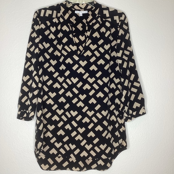 Amanda Uprichard Silk Tunic Top Black Tan Sm - Picture 1 of 6